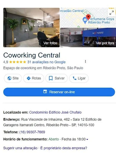 Exemplo de reserva online do Coworking Central pelo Google